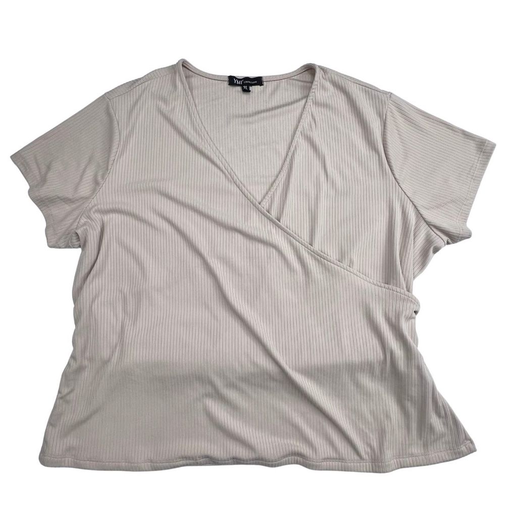 YMI Faux Wrap Womens 3X Neutral Tan Ribbed Texture Tie Back Casual Stretchy Top - Picture 8 of 9